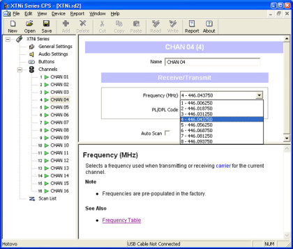 IXEN4007 CPS Kit - programovací sada XTNi/XTNiD - náhled okna při nastavení kanálu