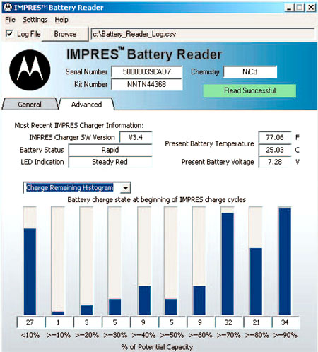 Motorola Impres Battery Reader - okno rozšířené diagnostiky