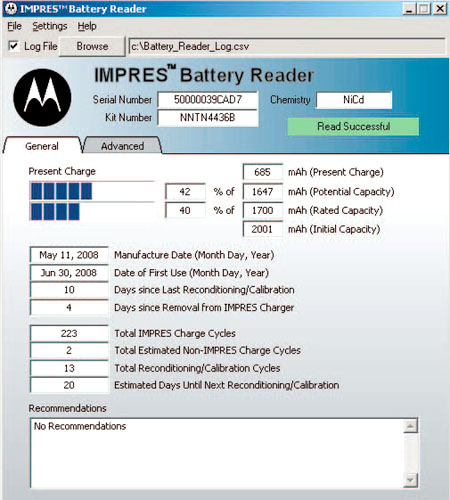 Motorola Impres Battery Reader - okno obecné diagnostiky